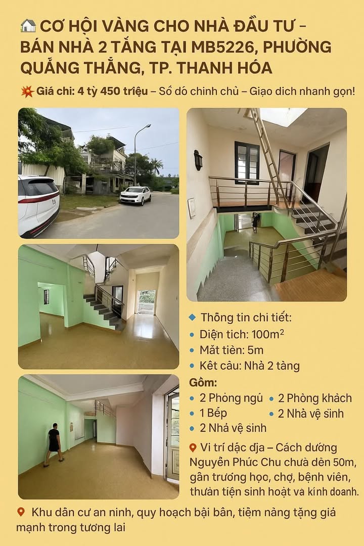 Nhà 2 Tầng 100m² tại Quảng Thắng, Thanh Hóa - Sổ đỏ chính chủ, giá 4.45 tỷ!