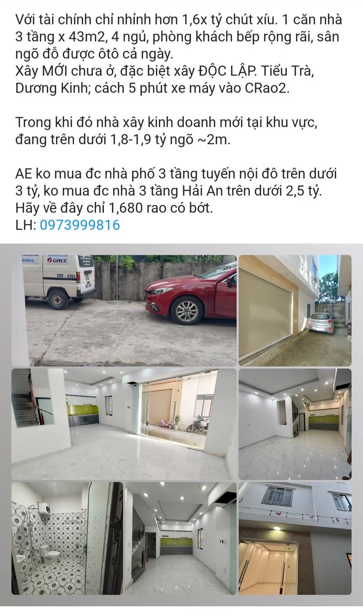Nhà 3 tầng Tiểu Trà, Dương Kinh 43m² giá 1.68 tỷ - Độc lập, mới xây, ô tô vào tận nơi!