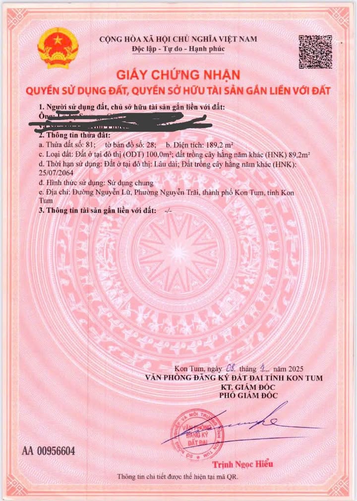 Đất nền 189.2m² đường Nguyễn Lữ, phường Nguyễn Trãi, TP Kon Tum - View sông Đăk Bla tuyệt đẹp!