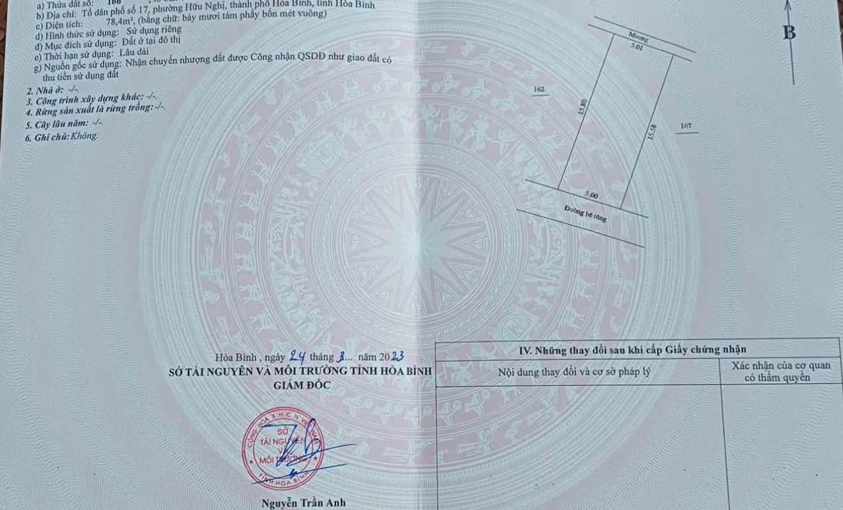 Đất nền Lương Sơn Hòa Bình 78m² giá 1.6 tỷ - Mặt tiền 5m, hướng Tây Nam