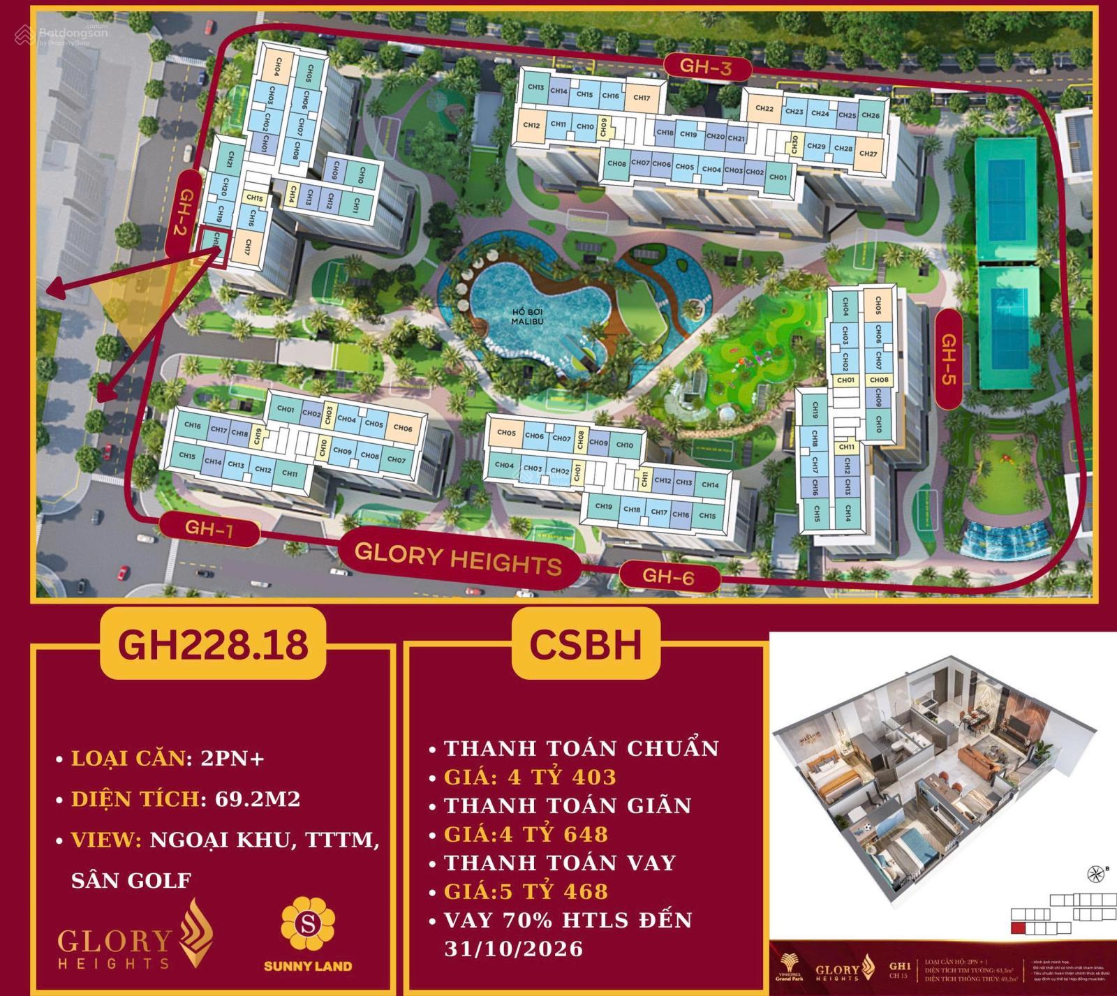 Căn hộ Glory Height GH2 70m² giá 4.403 tỷ - Ban công view bắn pháo hoa tuyệt đẹp!