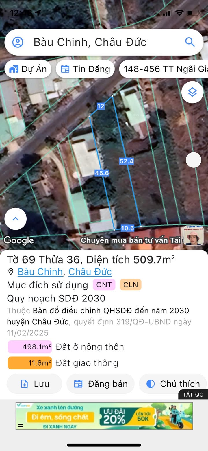 Đất thổ cư Bàu Chinh, Châu Đức 462m² giá 1.75 tỷ - Đầu tư sinh lời cao!