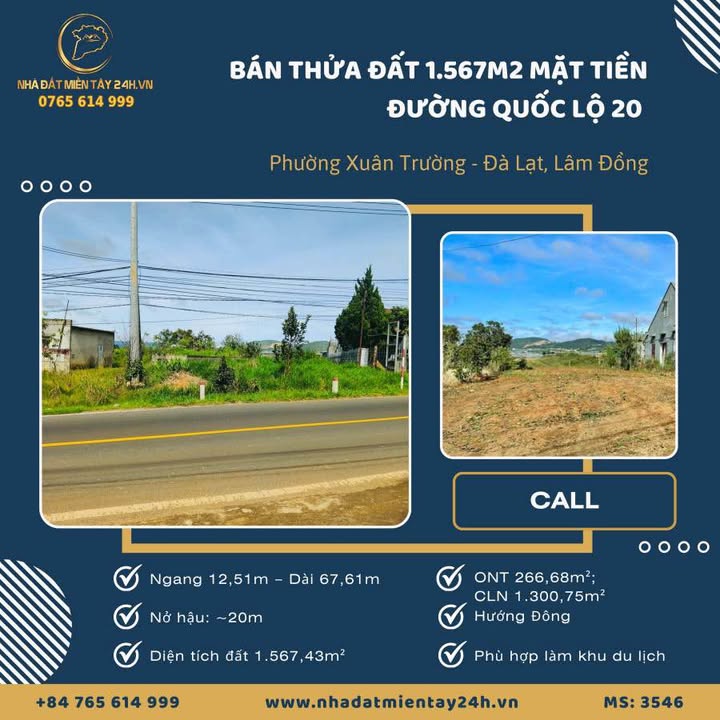 Đất mặt tiền Quốc Lộ 20, phường Xuân Trường, Đà Lạt 1567m² - Đầu tư sinh lời ngay!