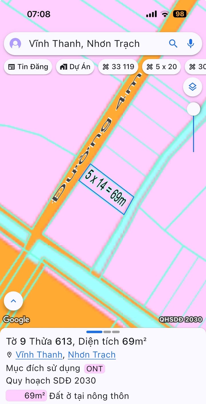Đất thổ cư Vĩnh Thanh Nhơn Trạch 69m² giá 1.35 tỷ - Gần đường 25C, tiện ích đầy đủ!