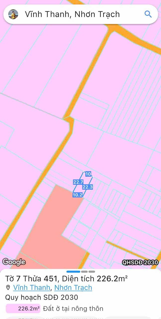 Đất nền Vĩnh Thanh Nhơn Trạch 226m² giá 3.45 tỷ - Pháp lý rõ ràng, sẵn sàng xây dựng!