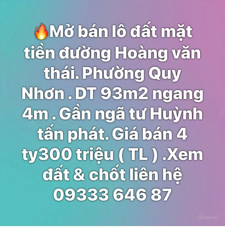 Đất mặt tiền đường Hoàng Văn Thái, Quy Nhơn 93m² giá 4.3 tỷ - Cơ hội đầu tư tốt!