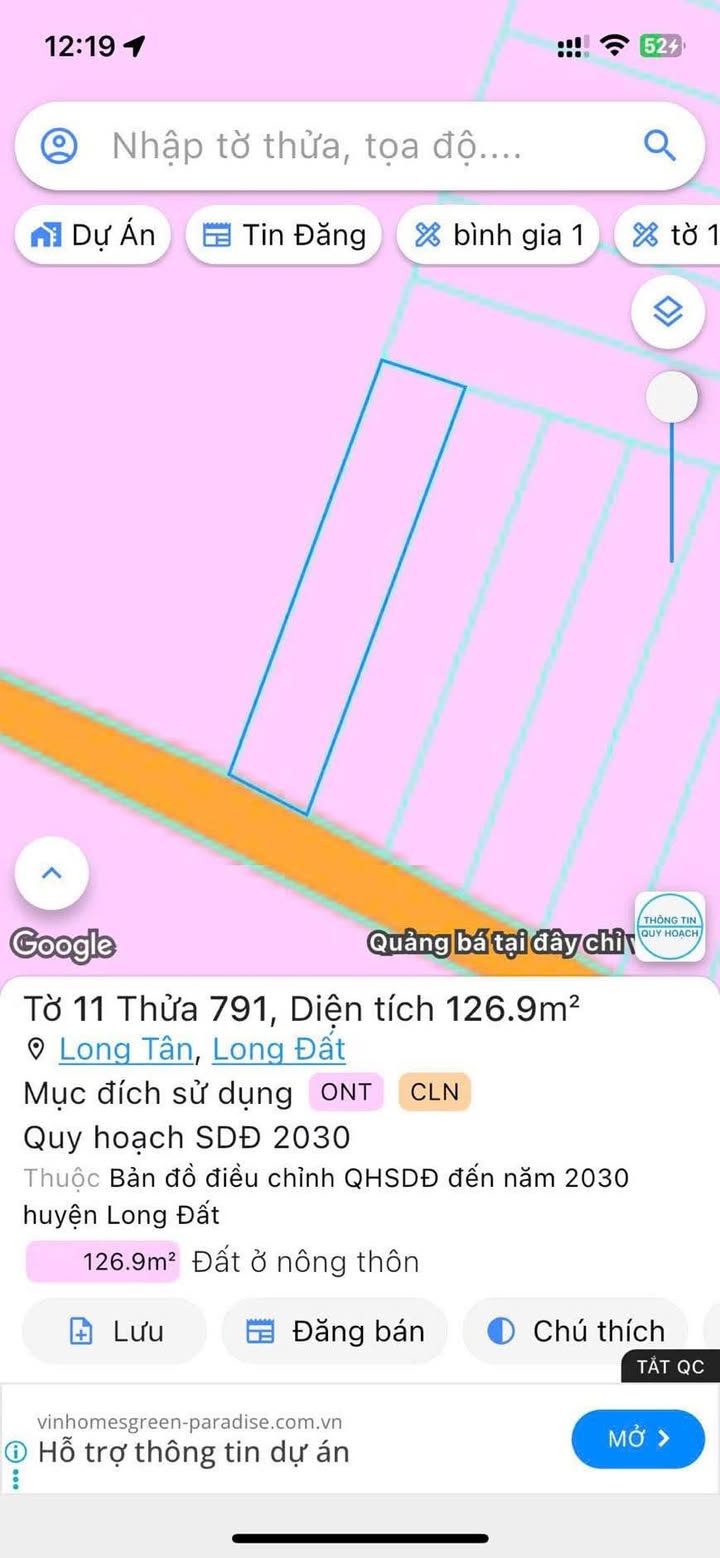 Đất nền Long Tân, Đất Đỏ, Bà Rịa - Vũng Tàu 125m² giá 520 triệu - Cơ hội đầu tư hấp dẫn!