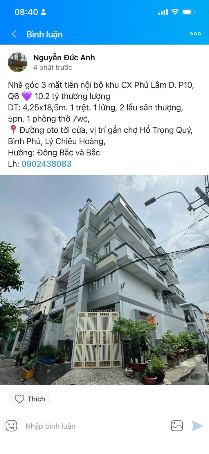 Nhà góc 3 mặt tiền khu CX Phú Lâm D, Q6 - 78m² giá 10.2 tỷ, thương lượng