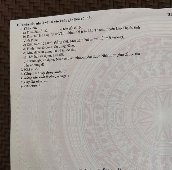 Đất thổ cư 121m² cạnh ủy ban huyện Lập Thạch - Giá 1.95 tỷ, thương lượng tốt!