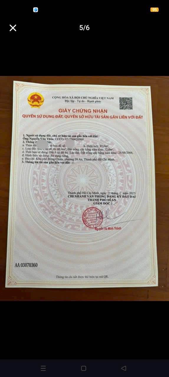 Đất thổ cư Dĩ An 92m² giá 3.999 tỷ - Hướng Đông Nam, mặt tiền đường lớn!