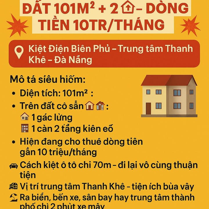 Nhà 2 tầng + Gác lửng 101m² khu Kiệt Điện Biên Phủ - Đầu tư sinh lời 10 triệu/tháng!