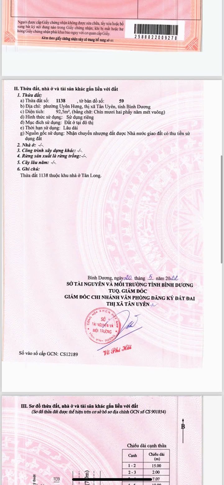 Đất nền dự án Tân Long 1, Uyên Hưng, Tân Uyên 92m² giá 1.9 tỷ - Lô góc thuận lợi đầu tư!