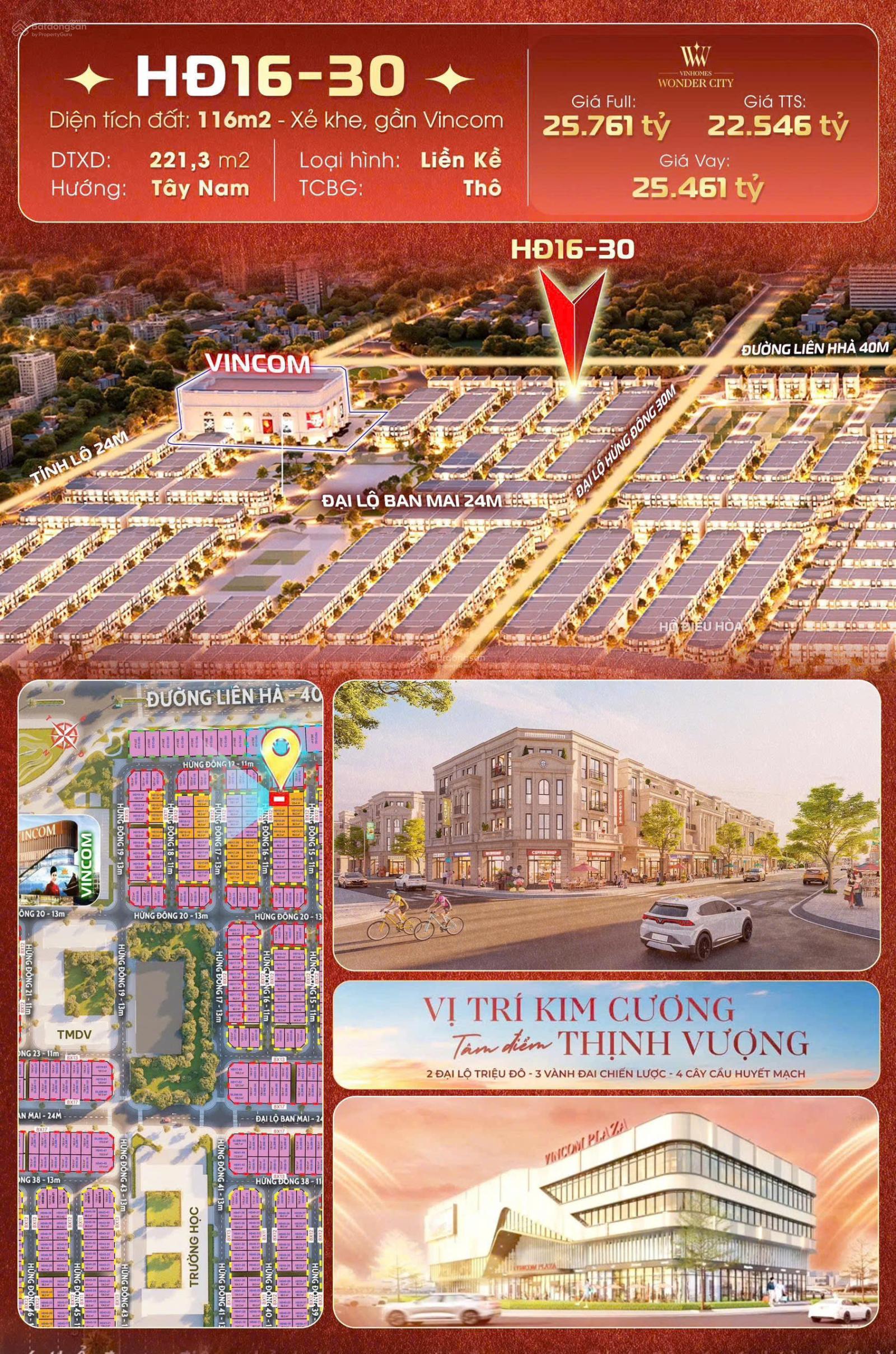 Shophouse Vinhomes Wonder City 116m² giá 22.546 tỷ - Căn xẻ khe duy nhất trên trục đường Vincom!