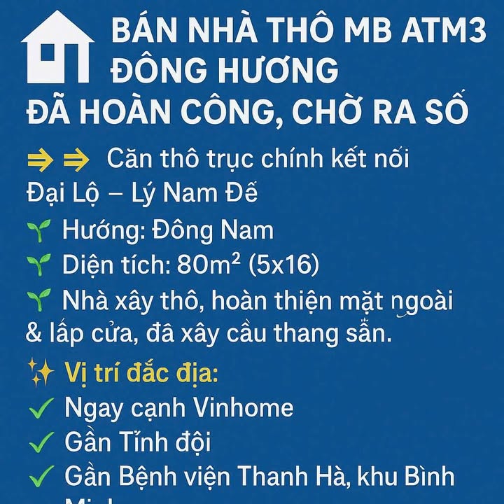 Bán nhà thô MB ATM3 Đông Hương 80m² giá thỏa thuận - Vị trí đắc địa chờ ra sổ!