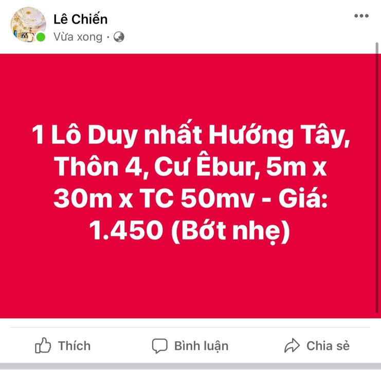 Đất nền thổ cư 150m² tại Cư Êbur, Buôn Ma Thuột - Giá 1.45 tỷ, Hướng Tây