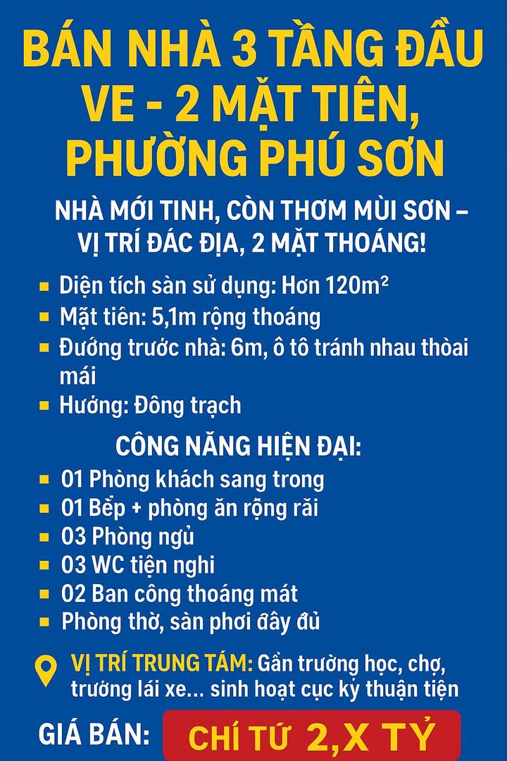 Nhà 3 tầng đầu ve 120m² giá 2 tỷ - Vị trí đắc địa Phú Sơn!
