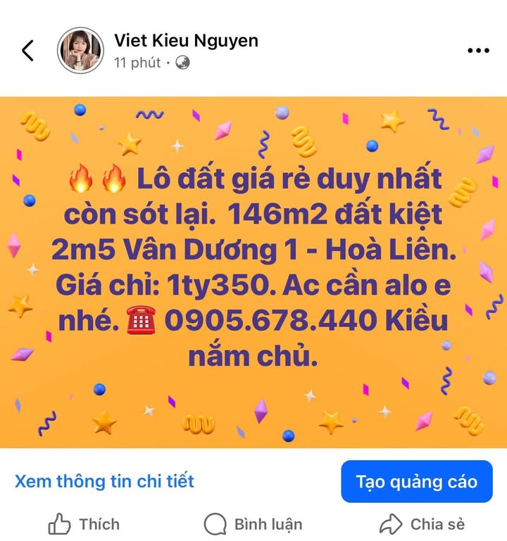 Đất nền Vân Dương 1 Hòa Liên 146m² giá 1.35 tỷ - Cơ hội đầu tư tuyệt vời!