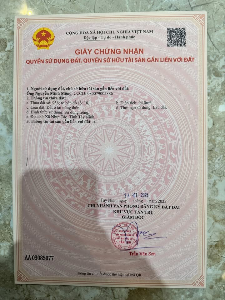 Đất thổ cư 94m² tại Lạc Tấn, Tân Trụ, Long An - Giá chỉ 280 triệu!