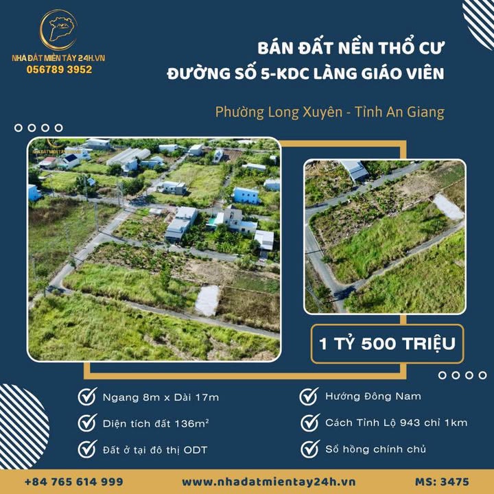 Đất nền thổ cư 136m² tại KDC Làng Giáo Viên, Long Xuyên chỉ 1.5 tỷ - Cơ hội đầu tư tuyệt vời!