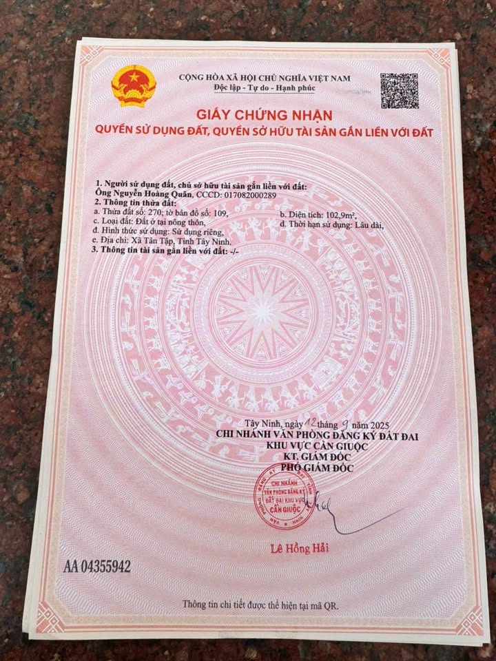 Đất nền xã Tân Tập, Gò Dầu, Tây Ninh 102m² giá 250 triệu - Sổ hồng chính chủ!