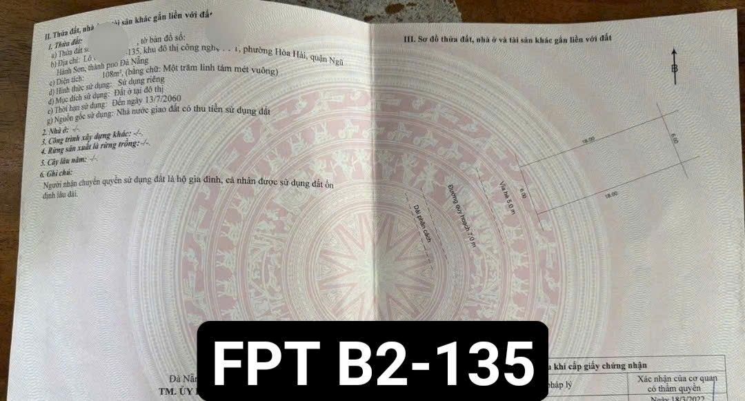 Bán đất FPT B2-135 Ngũ Hành Sơn 108m² giá 5.6 tỷ - Đầu tư sinh lời ngay!
