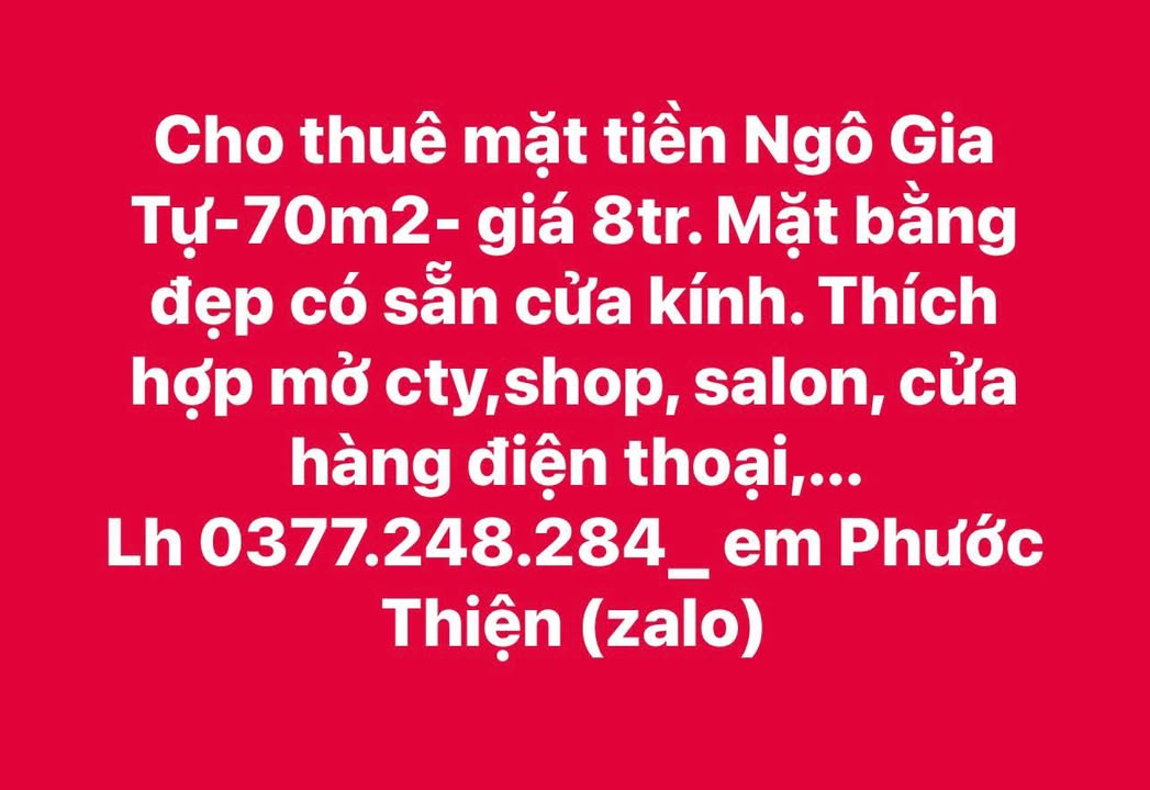 Cho thuê mặt tiền Ngô Gia Tự, Phan Rang-Tháp Chàm 70m² - Mặt bằng đẹp, giá chỉ 8 triệu!