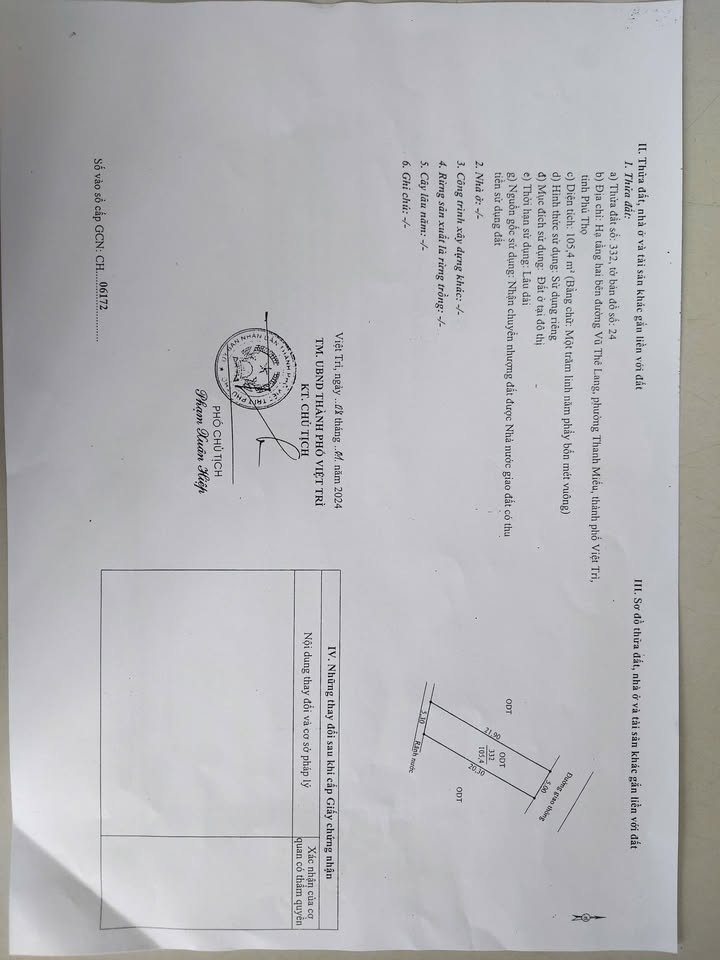 Đất nền mặt tiền đường Vũ Thê Lang, Việt Trì 105.4m² - Cơ hội đầu tư hấp dẫn!