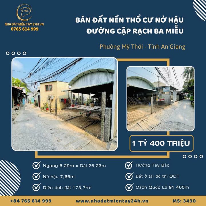 Đất nền nở hậu đường Cặp Rạch Ba Miễu, Mỹ Thới, An Giang giá 1.4 tỷ - Hạ tầng hoàn chỉnh, tiềm năng cao!