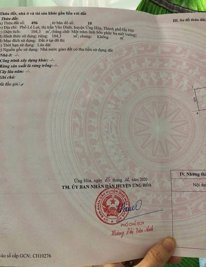 Đất nền mặt tiền đường Lê Lợi, Vân Đình 104m² giá 7.29 tỷ - Cơ hội đầu tư tuyệt vời!