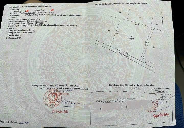 Đất nuôi trồng thủy sản 6.572m² tại phường Tân Thành, Cà Mau - Giá chỉ 2.2 tỷ thương lượng!