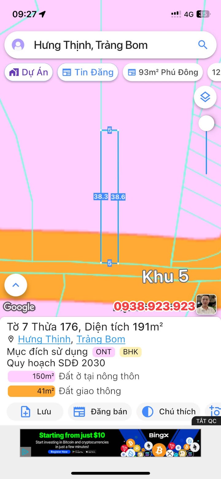 Đất thổ cư 190m² xã Hưng Thịnh, Trảng Bom - Giá chỉ 1.09 tỷ VND, mặt tiền nhựa kinh doanh!