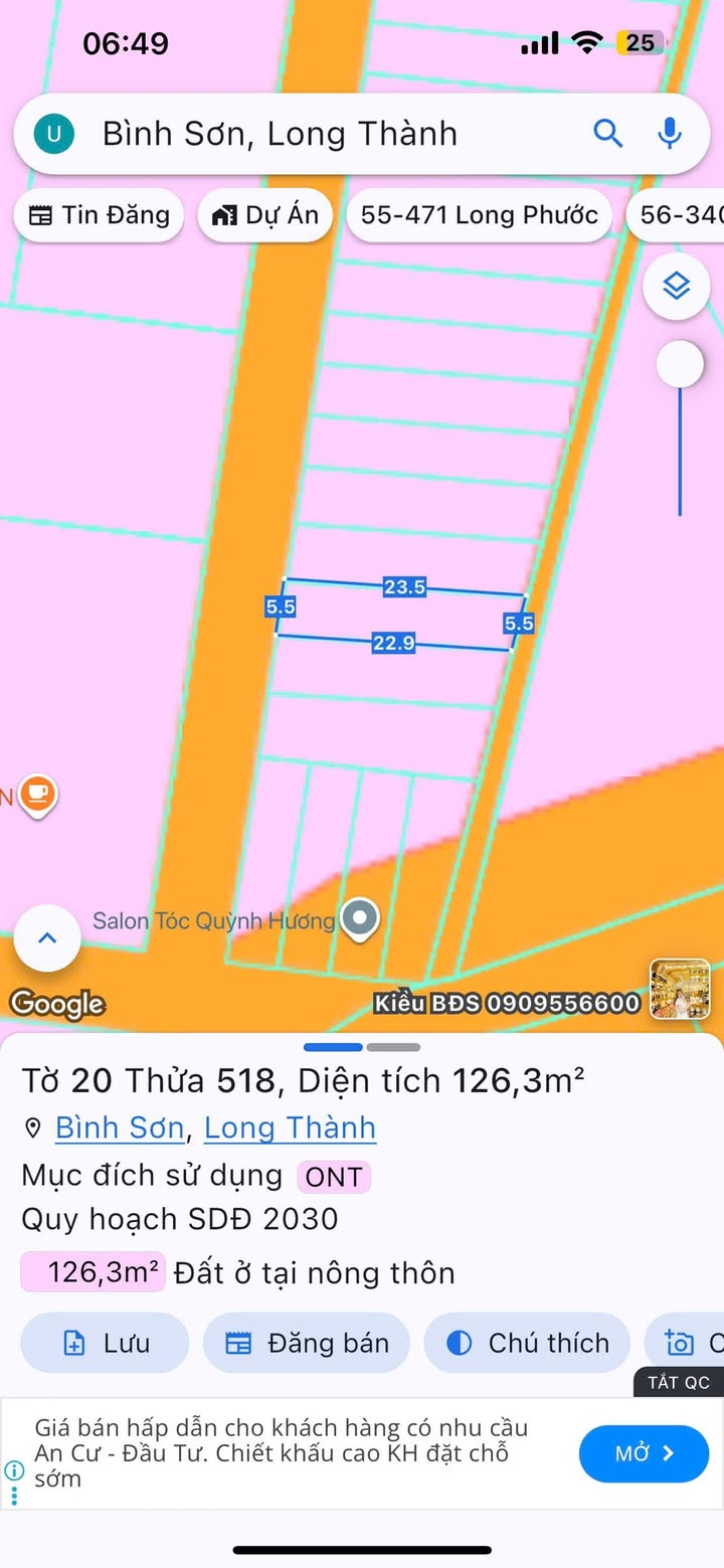 Đất 2 mặt tiền tại xã Bình Sơn, Long Thành, Đồng Nai 126.3m² giá 1.85 tỷ - Đầu tư sinh lời ngay!