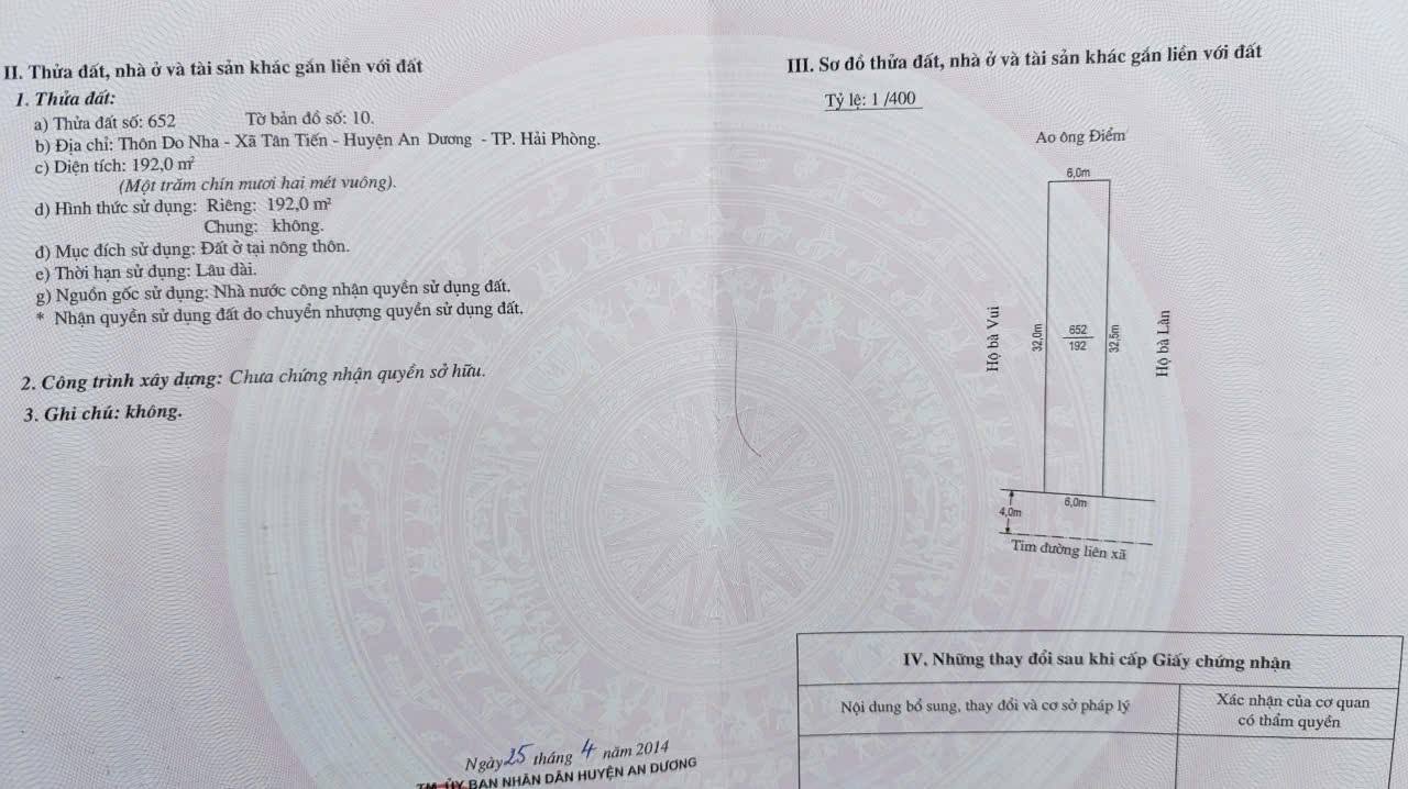 Đất mặt đường Do Nha, Tân Tiến, An Dương 192m² giá 3.456 tỷ - Cơ hội đầu tư hấp dẫn!