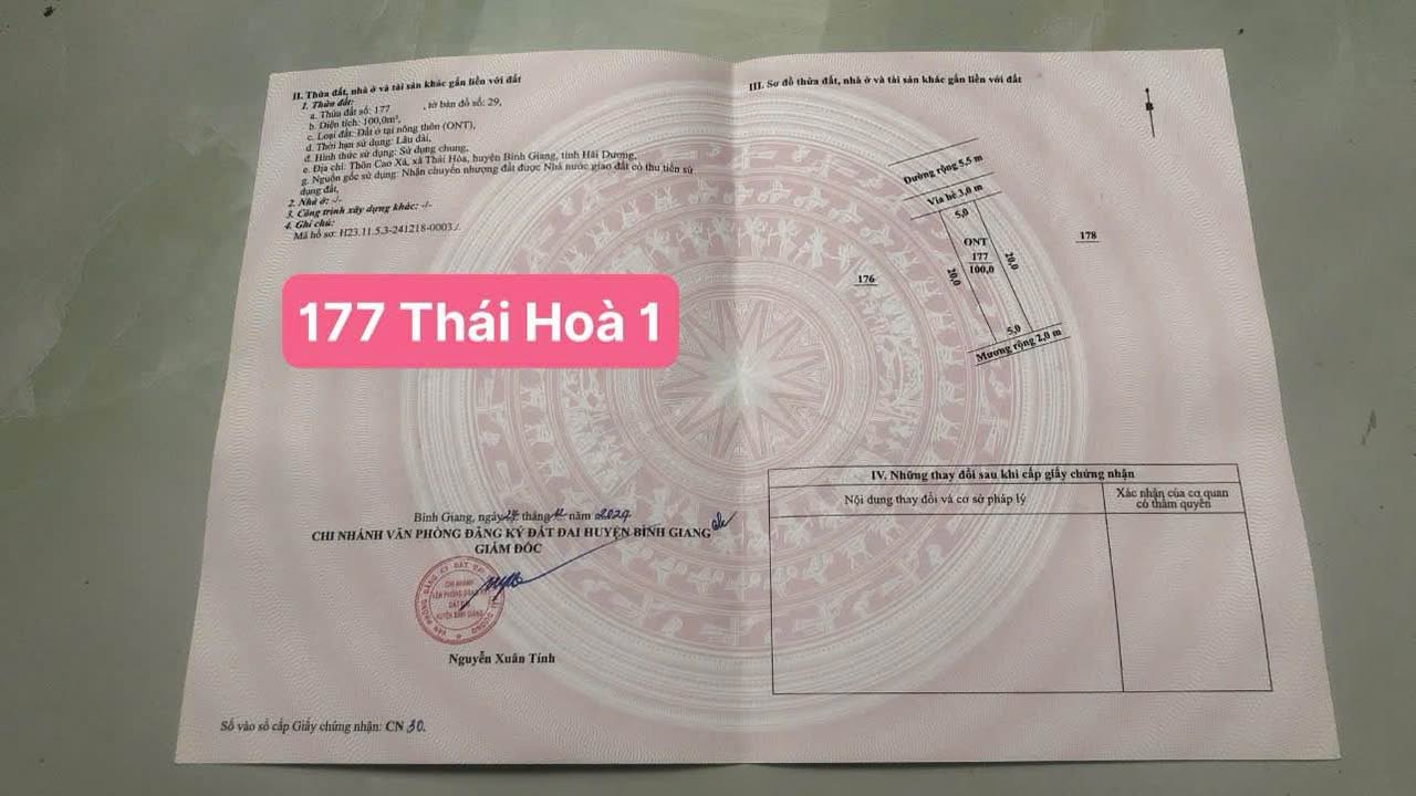 Đất nền Thái Hòa, Bình Giang, Hải Dương 100m² giá chỉ 1.6 tỷ - Sổ hồng chính chủ!