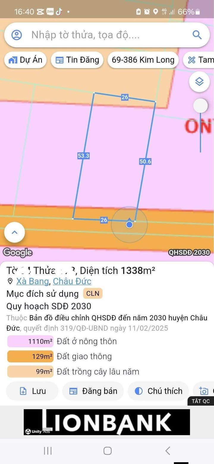 Đất nền 1300m² xã Xà Bang, Châu Đức, Bà Rịa - Vũng Tàu - Giá chỉ 10.5 tỷ!