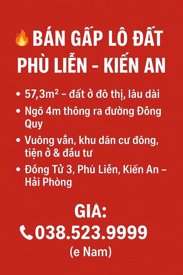 Lô đất Phù Liễn, Kiến An 57,3m² giá đầu tư - Sổ đỏ chính chủ
