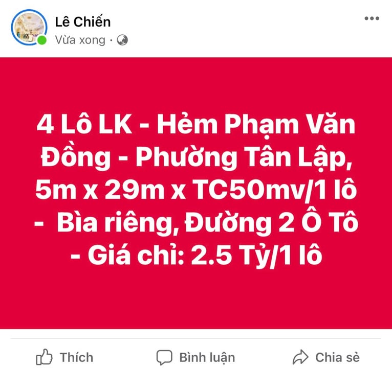 Đất nền đường Phạm Văn Đồng, Tân Lập, 145m² chỉ 2.5 tỷ - Sổ đỏ chính chủ