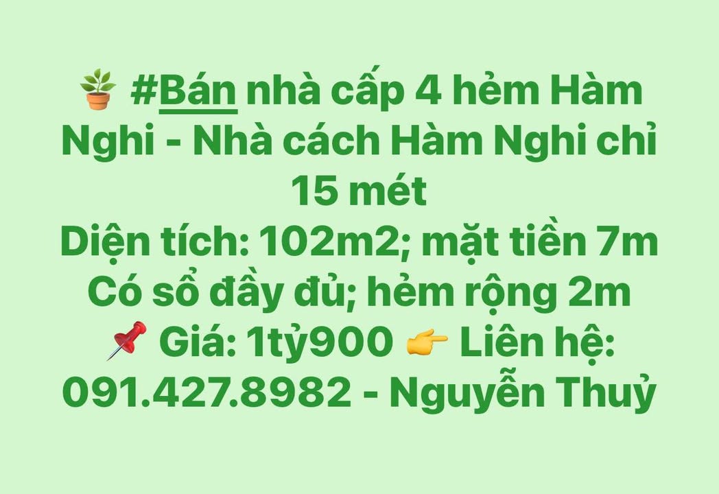 Nhà cấp 4 hẻm Hàm Nghi Tuy Hòa 102m² giá 1.9 tỷ - Sổ đỏ chính chủ