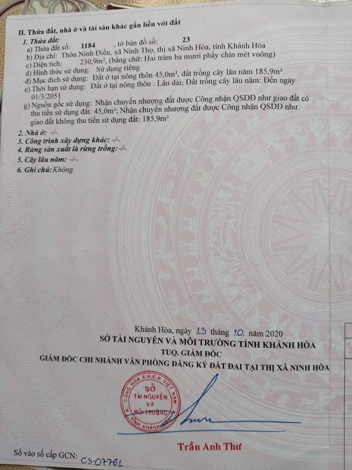 Đất thổ cư Ninh Thọ 206.7m² giá thỏa thuận - Cần bán gấp!