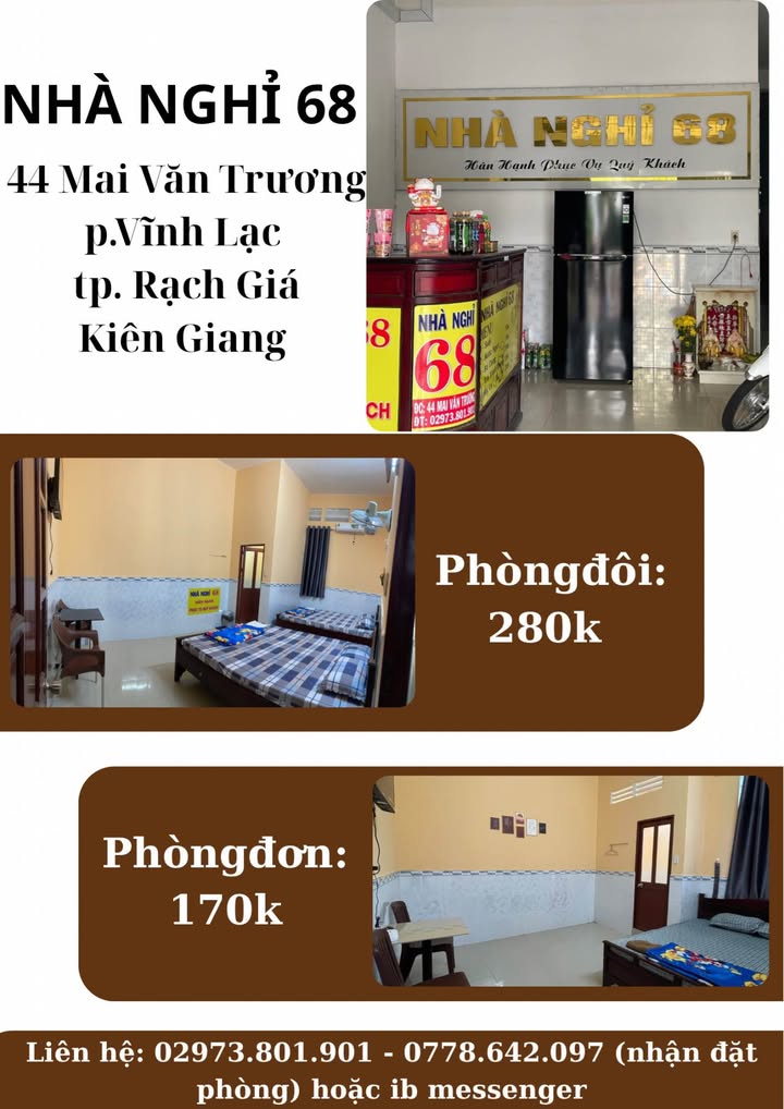 Nhà nghỉ 68 Rạch Giá 170k/đêm - Tiện nghi, sạch sẽ, phục vụ 24/24!