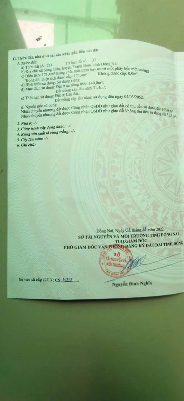 Đất thổ cư Sông Trầu, Trảng Bom 171.4m² giá 1.8 tỷ - Tiềm năng đầu tư cao!