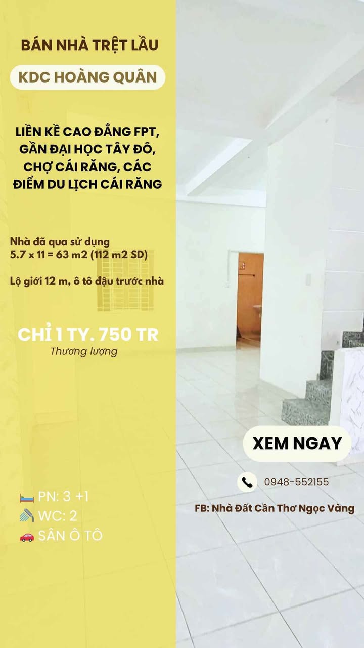 Nhà trệt lầu KDC Hoàng Quân, Cái Răng, 63m² - Giá 1.75 tỷ, gần Trường ĐH Tây Đô!