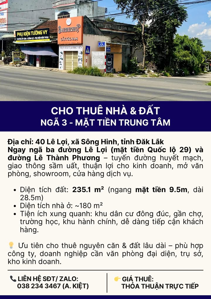 Nhà và Đất Cho Thuê Mặt Tiền 40 Lê Lợi, Đắk Lắk - Kinh Doanh Sầm Uất