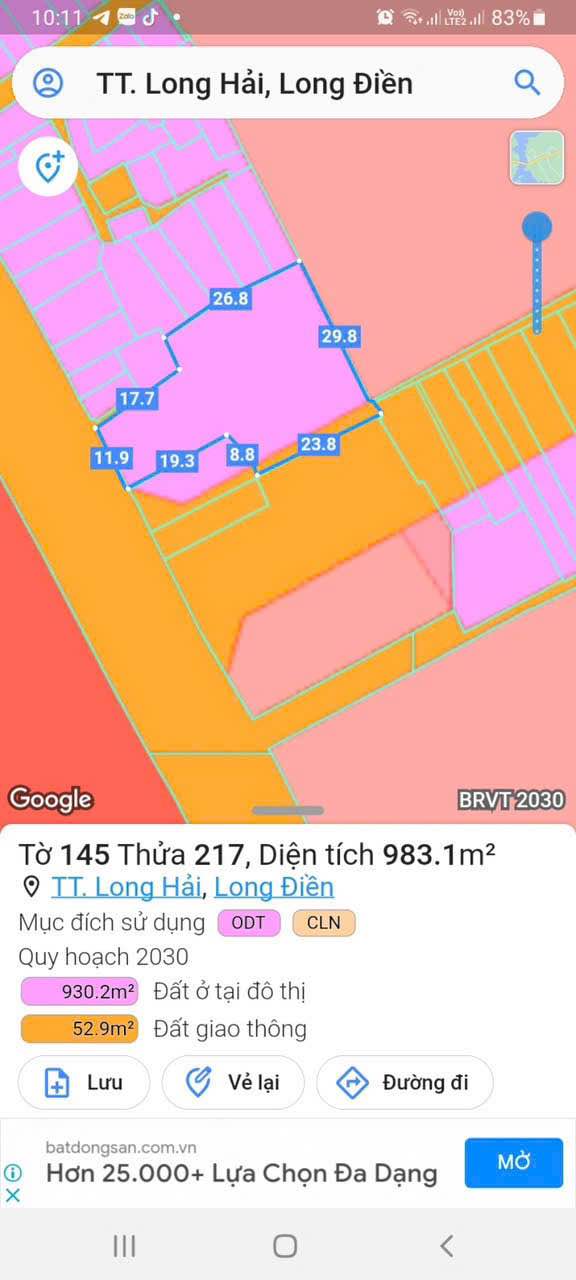 Đất nền mặt tiền đường Hai Bà Trưng, thị trấn Long Hải 983m² giá 38 tỷ - Đầu tư sinh lời cực cao!