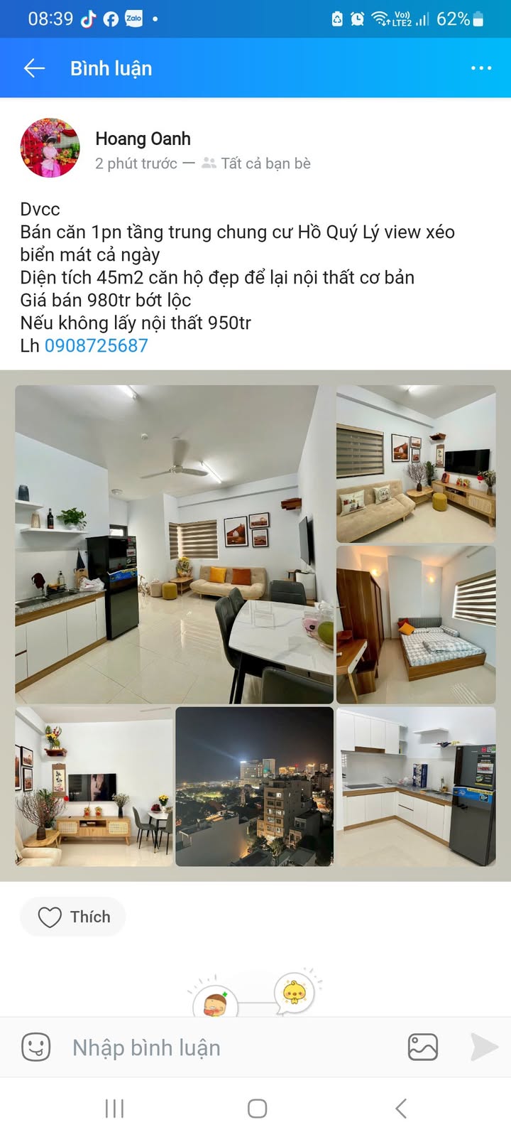 Căn hộ 1PN chung cư Hồ Quý Lý 45m² giá 980 triệu - View biển tuyệt đẹp