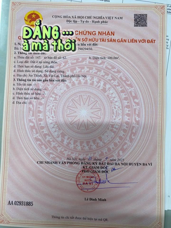 Đất thổ cư Vật Lại, Ba Vì 100m² giá 1.2 tỷ - Vị trí đắc địa, dân cư đông đúc!