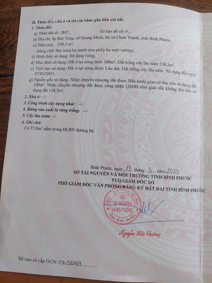 Đất chính chủ 240m² tại xã Quang Minh, Chơn Thành - Giá 1,2 tỷ, vị trí đắc địa kinh doanh!