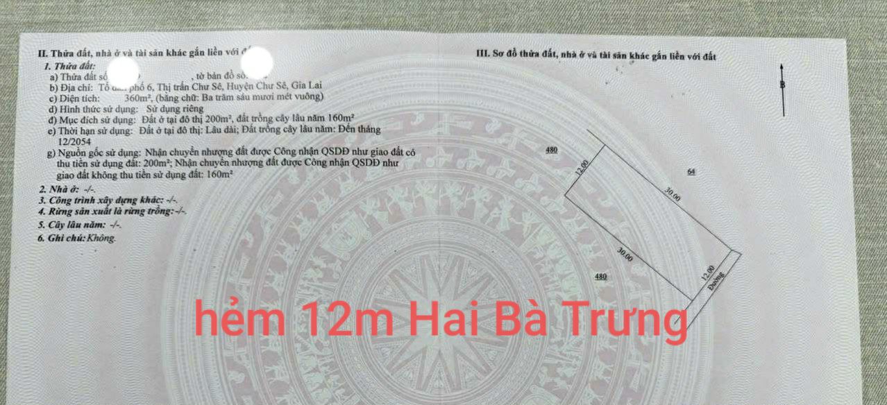 Đất thổ cư 360m² tại hẻm Hai Bà Trưng, Chư Sê, Gia Lai giá 1.85 tỷ - Tiện ích đầy đủ!