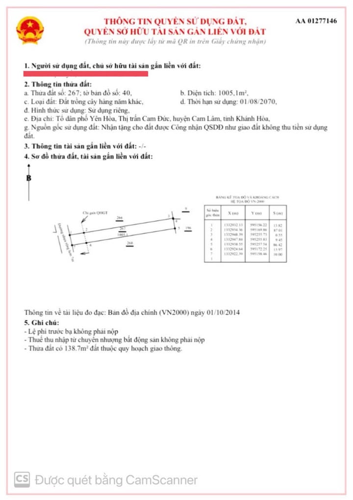 Đất mặt tiền đường Lập Định, Cam Lâm 1005m² giá 2.2 tỷ - Cơ hội đầu tư tuyệt vời!