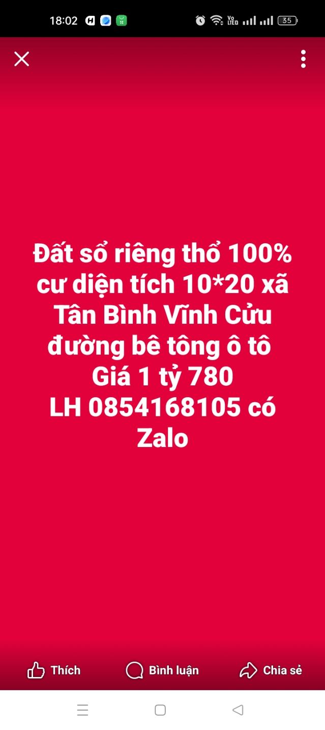Đất thổ cư 200m² tại xã Tân Bình, Vĩnh Cửu - Sổ đỏ chính chủ, chỉ 1.78 tỷ!
